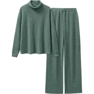 imageANRABESS 2 Piece Lounge Sets for Women Turtleneck Pajama Knit Long Sleeve Tops Pants Matching Pj Set Casual 2025 Fall ClothesGreen
