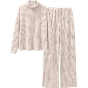 imageANRABESS 2 Piece Lounge Sets for Women Turtleneck Pajama Knit Long Sleeve Tops Pants Matching Pj Set Casual 2025 Fall ClothesLight Khaki