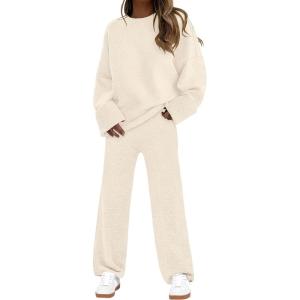 imageANRABESS 2 Piece Sets for Women Fall Fuzzy Fleece Pajama Sweater Knit Top Wide Leg Pants Loungewear 2025 Winter Cozy OutfitsBeige