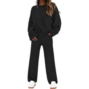 imageANRABESS 2 Piece Sets for Women Fall Fuzzy Fleece Pajama Sweater Knit Top Wide Leg Pants Loungewear 2025 Winter Cozy OutfitsBlack