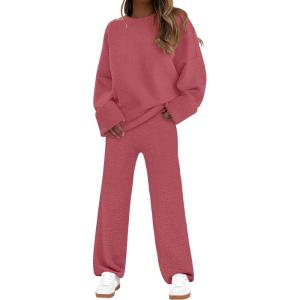 imageANRABESS 2 Piece Sets for Women Fall Fuzzy Fleece Pajama Sweater Knit Top Wide Leg Pants Loungewear 2025 Winter Cozy OutfitsBrick Red