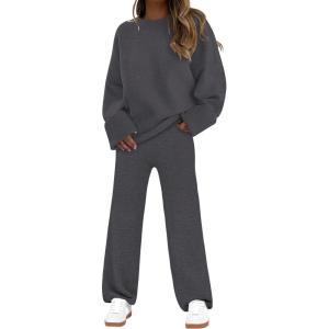imageANRABESS 2 Piece Sets for Women Fall Fuzzy Fleece Pajama Sweater Knit Top Wide Leg Pants Loungewear 2025 Winter Cozy OutfitsDeep Gray