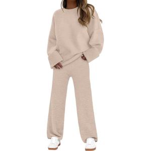 imageANRABESS 2 Piece Sets for Women Fall Fuzzy Fleece Pajama Sweater Knit Top Wide Leg Pants Loungewear 2025 Winter Cozy OutfitsLight Khaki