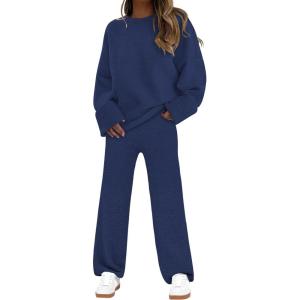 imageANRABESS 2 Piece Sets for Women Fall Fuzzy Fleece Pajama Sweater Knit Top Wide Leg Pants Loungewear 2025 Winter Cozy OutfitsNavy Blue