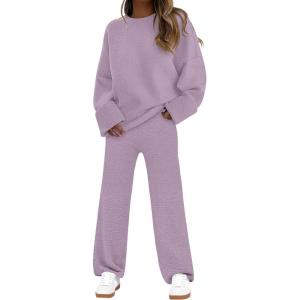 imageANRABESS 2 Piece Sets for Women Fall Fuzzy Fleece Pajama Sweater Knit Top Wide Leg Pants Loungewear 2025 Winter Cozy OutfitsPurple