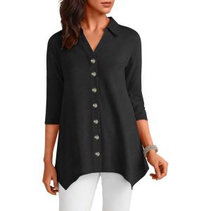imageANRABESS 34 Sleeve Tunic Tops for Women Lapel V Neck Button Down Shirts Business Dressy Casual Blouse with Asymmetrical HemBlack