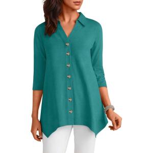 imageANRABESS 34 Sleeve Tunic Tops for Women Lapel V Neck Button Down Shirts Business Dressy Casual Blouse with Asymmetrical HemGrey Green