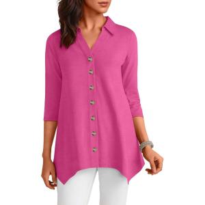 imageANRABESS 34 Sleeve Tunic Tops for Women Lapel V Neck Button Down Shirts Business Dressy Casual Blouse with Asymmetrical HemHot Pink