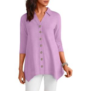 imageANRABESS 34 Sleeve Tunic Tops for Women Lapel V Neck Button Down Shirts Business Dressy Casual Blouse with Asymmetrical HemPurple