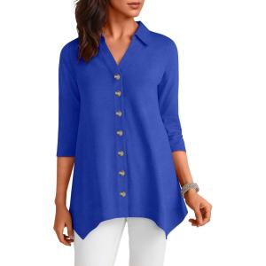 imageANRABESS 34 Sleeve Tunic Tops for Women Lapel V Neck Button Down Shirts Business Dressy Casual Blouse with Asymmetrical HemRoyal Blue