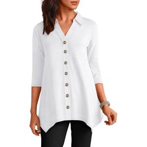 imageANRABESS 34 Sleeve Tunic Tops for Women Lapel V Neck Button Down Shirts Business Dressy Casual Blouse with Asymmetrical HemWhite