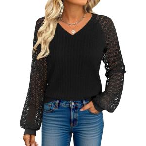 imageANRABESS Lace Long Sleeve Tops for Women 2025 Fall Business Casual V Neck Shirts Work Office Trendy Blouses Fashion OutfitsBlack