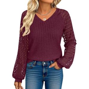 imageANRABESS Lace Long Sleeve Tops for Women 2025 Fall Business Casual V Neck Shirts Work Office Trendy Blouses Fashion OutfitsBurgundy
