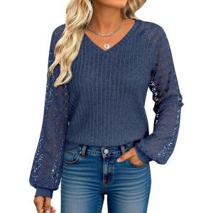 imageANRABESS Lace Long Sleeve Tops for Women 2025 Fall Business Casual V Neck Shirts Work Office Trendy Blouses Fashion OutfitsDark Blue