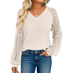 imageANRABESS Lace Long Sleeve Tops for Women 2025 Fall Business Casual V Neck Shirts Work Office Trendy Blouses Fashion OutfitsLight Khaki