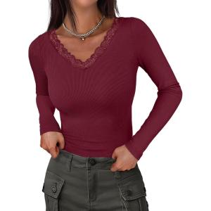 imageANRABESS Long Sleeve Shirts for Women Lace V Neck Rib Knit Slim Fit Basic Tee Tops 2025 Casual TShirt Going Out Fall OutfitsWind Red
