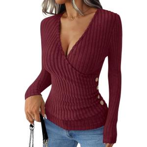 imageANRABESS Long Sleeve Shirts for Women Sexy Sweater V Neck Ribbed Knit Slim Fit Wrap Top 2025 Fall Casual Fashion ClothesBurgundy