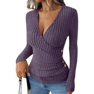 imageANRABESS Long Sleeve Shirts for Women Sexy Sweater V Neck Ribbed Knit Slim Fit Wrap Top 2025 Fall Casual Fashion ClothesPurple