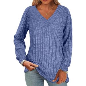 imageANRABESS Long Sleeve Shirts for Women V Neck Tunic Tops Business Casual Loose Fall Lightweight Sweaters Fashion Clothes 2025Blue