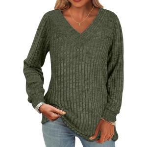 imageANRABESS Long Sleeve Shirts for Women V Neck Tunic Tops Business Casual Loose Fall Lightweight Sweaters Fashion Clothes 2025Deep Green