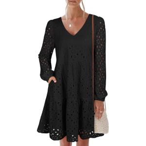 imageANRABESS Long Sleeve V Neck Dresses for Women Eyelet Hollow Out Business Casual Tiered 2025 Fall Mini Dress with PocketsBlack