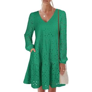 imageANRABESS Long Sleeve V Neck Dresses for Women Eyelet Hollow Out Business Casual Tiered 2025 Fall Mini Dress with PocketsGreen