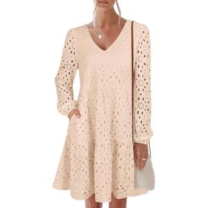 imageANRABESS Long Sleeve V Neck Dresses for Women Eyelet Hollow Out Business Casual Tiered 2025 Fall Mini Dress with PocketsParchment