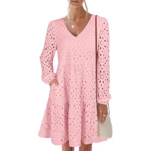 imageANRABESS Long Sleeve V Neck Dresses for Women Eyelet Hollow Out Business Casual Tiered 2025 Fall Mini Dress with PocketsPink