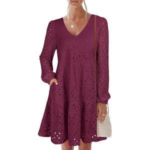 imageANRABESS Long Sleeve V Neck Dresses for Women Eyelet Hollow Out Business Casual Tiered 2025 Fall Mini Dress with PocketsWine Red