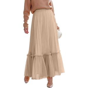 imageANRABESS Maxi Skirts for Women Tulle Long Tiered Elastic High Waisted A Line Flowy Dressy Casual Skirt 2025 Fall TrendyLight Tan
