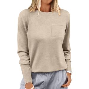 imageANRABESS Oversized Sweaters for Women Casual Crewneck Knit Lightweight Chest Pocket Pullover Top 2025 Fall Travel OutfitsAlmond