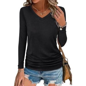 imageANRABESS Shirts for Women Long Sleeve V Neck Tops Dressy Business Casual Side Ruched TShirts 2025 Fall Tee Blouses OutfitsBlack