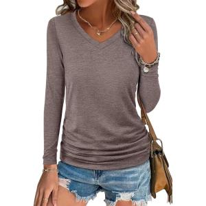 imageANRABESS Shirts for Women Long Sleeve V Neck Tops Dressy Business Casual Side Ruched TShirts 2025 Fall Tee Blouses OutfitsBrown