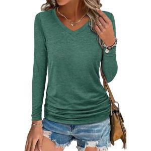 imageANRABESS Shirts for Women Long Sleeve V Neck Tops Dressy Business Casual Side Ruched TShirts 2025 Fall Tee Blouses OutfitsForest Green