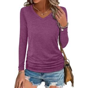 imageANRABESS Shirts for Women Long Sleeve V Neck Tops Dressy Business Casual Side Ruched TShirts 2025 Fall Tee Blouses OutfitsFuchsia