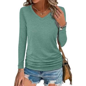 imageANRABESS Shirts for Women Long Sleeve V Neck Tops Dressy Business Casual Side Ruched TShirts 2025 Fall Tee Blouses OutfitsLight Green