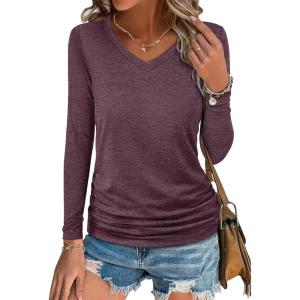 imageANRABESS Shirts for Women Long Sleeve V Neck Tops Dressy Business Casual Side Ruched TShirts 2025 Fall Tee Blouses OutfitsMaroon