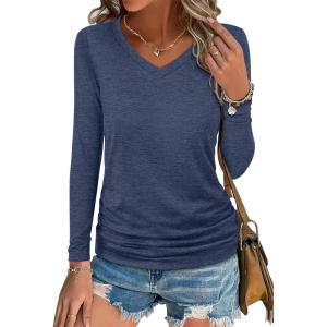 imageANRABESS Shirts for Women Long Sleeve V Neck Tops Dressy Business Casual Side Ruched TShirts 2025 Fall Tee Blouses OutfitsNavy Blue