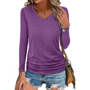 imageANRABESS Shirts for Women Long Sleeve V Neck Tops Dressy Business Casual Side Ruched TShirts 2025 Fall Tee Blouses OutfitsPurple