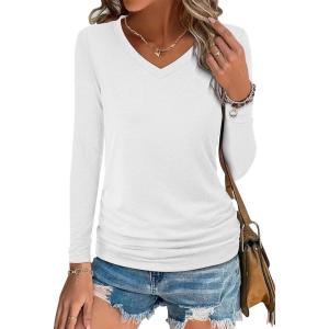 imageANRABESS Shirts for Women Long Sleeve V Neck Tops Dressy Business Casual Side Ruched TShirts 2025 Fall Tee Blouses OutfitsWhite