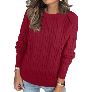 imageANRABESS Sweaters for Women Long Sleeve Crewneck Cable Knit Casual Loose Pullover Tops 2025 Trendy Fall Vintage OutfitsRed
