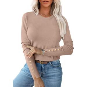 imageANRABESS Sweaters for Women Long Sleeve Crewneck Fitted Business Casual Pullover Tops 2025 Fall Outfits with Button CuffAlmond
