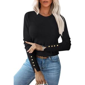 imageANRABESS Sweaters for Women Long Sleeve Crewneck Fitted Business Casual Pullover Tops 2025 Fall Outfits with Button CuffBlack