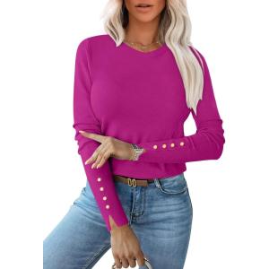imageANRABESS Sweaters for Women Long Sleeve Crewneck Fitted Business Casual Pullover Tops 2025 Fall Outfits with Button CuffBright Plum Red
