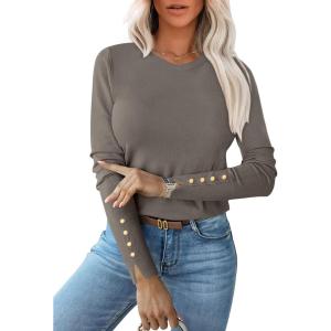 imageANRABESS Sweaters for Women Long Sleeve Crewneck Fitted Business Casual Pullover Tops 2025 Fall Outfits with Button CuffCamel