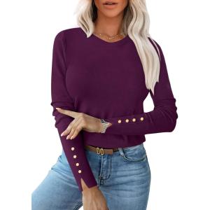 imageANRABESS Sweaters for Women Long Sleeve Crewneck Fitted Business Casual Pullover Tops 2025 Fall Outfits with Button CuffDark Purple