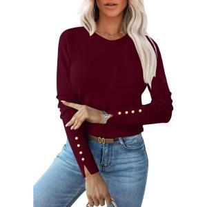 imageANRABESS Sweaters for Women Long Sleeve Crewneck Fitted Business Casual Pullover Tops 2025 Fall Outfits with Button CuffDeep Red