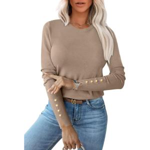 imageANRABESS Sweaters for Women Long Sleeve Crewneck Fitted Business Casual Pullover Tops 2025 Fall Outfits with Button CuffTan