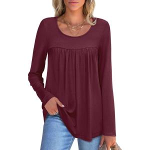 imageANRABESS Tunic Tops for Women Long Sleeve Babydoll Cute Shirts Loose Flowy Pleated Tummy Hide Blouses 2025 Fall Outfits M3XLBurgundy