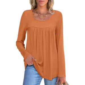 imageANRABESS Tunic Tops for Women Long Sleeve Babydoll Cute Shirts Loose Flowy Pleated Tummy Hide Blouses 2025 Fall Outfits M3XLOrange